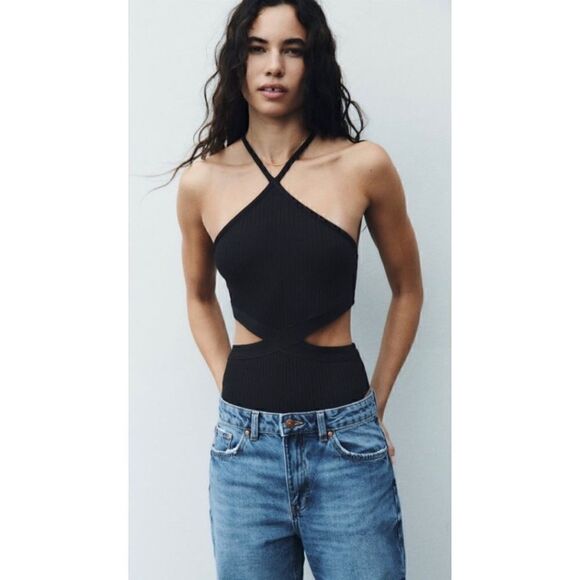 NWT Zara Black Ribbed Cutout Halter Neck Bodysuit, Size Small - Picture 5 of 12